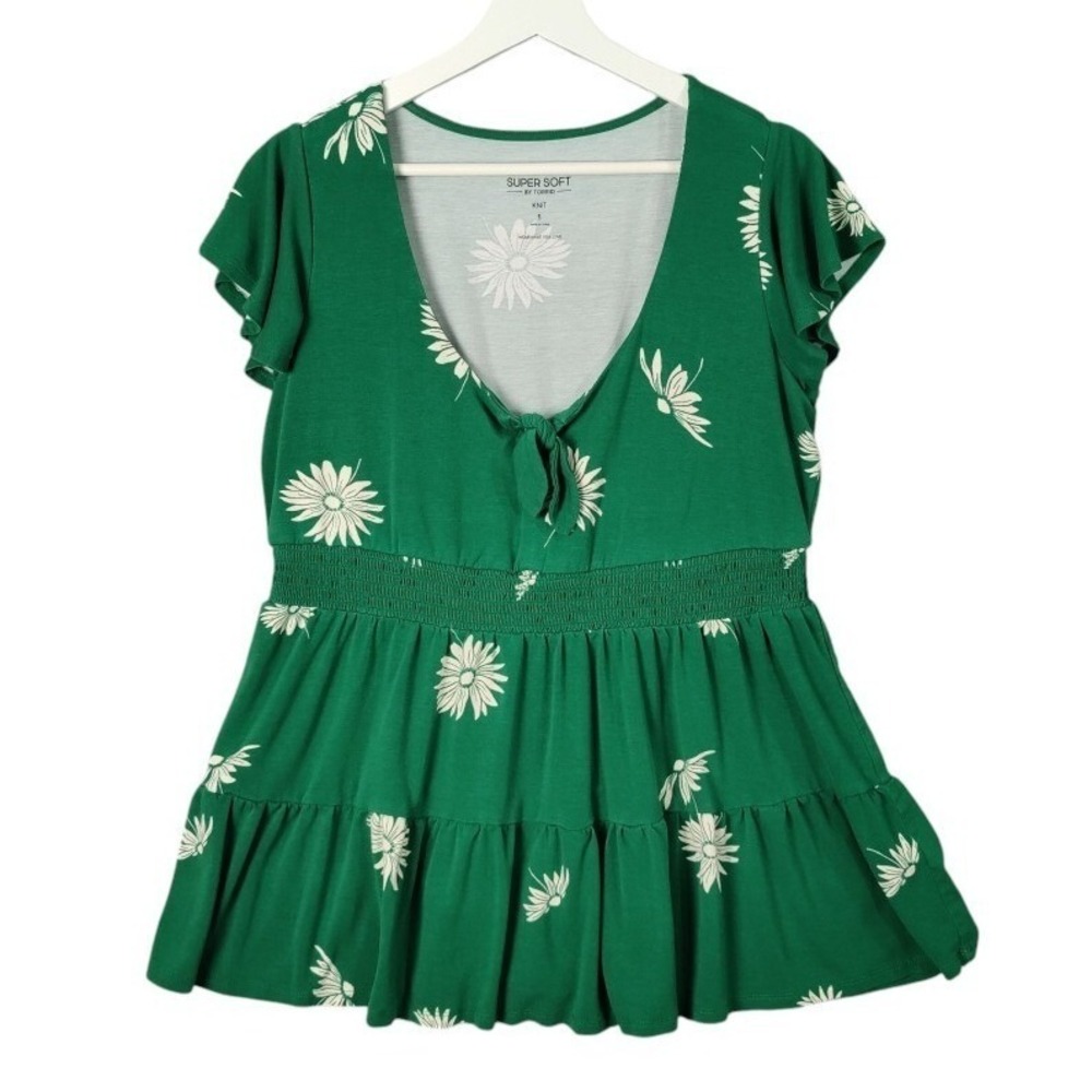Torrid Womens Cottagecore Babydoll Romantic Fairy Top 1X Green Smocked Peplum